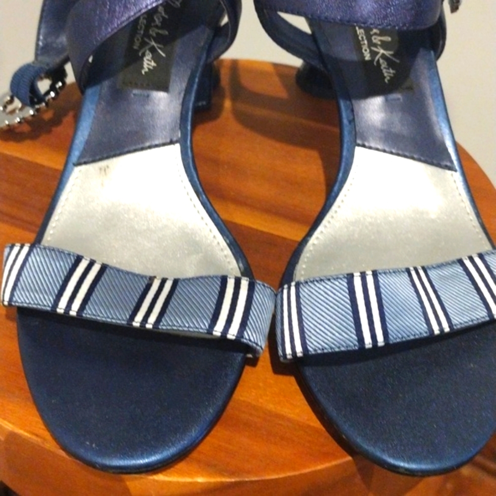 Vintage Blue Striped Heels Size 8- 8.5 EUR 39 EUC Unique Heel Sandals - Picture 9 of 11